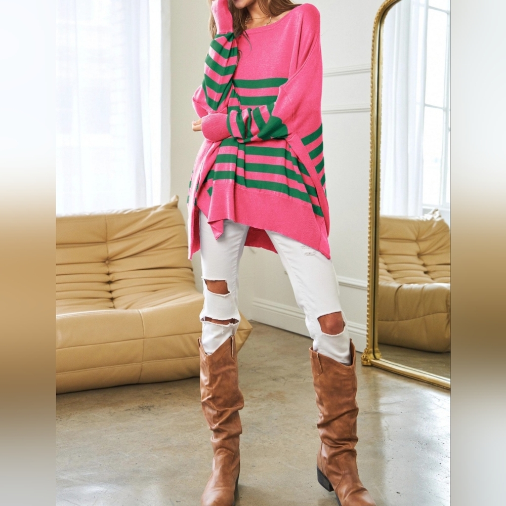 #207 🛑48 L FINAL PRICE Multi Striped Elbow Patch Loose Fit Sweater Top - Picture 6 of 10